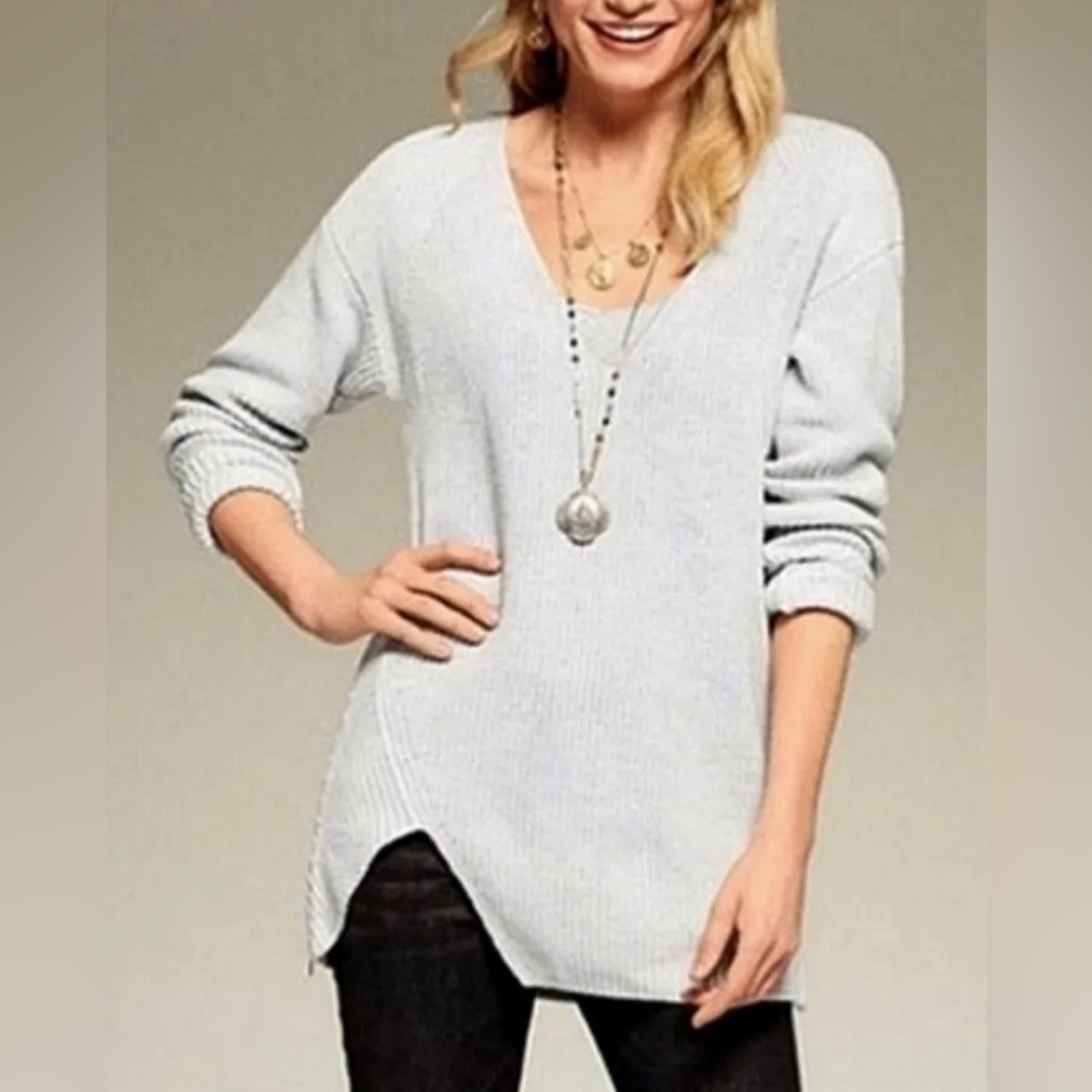 CAbi Light Grey side zip notch chunky sweater.
